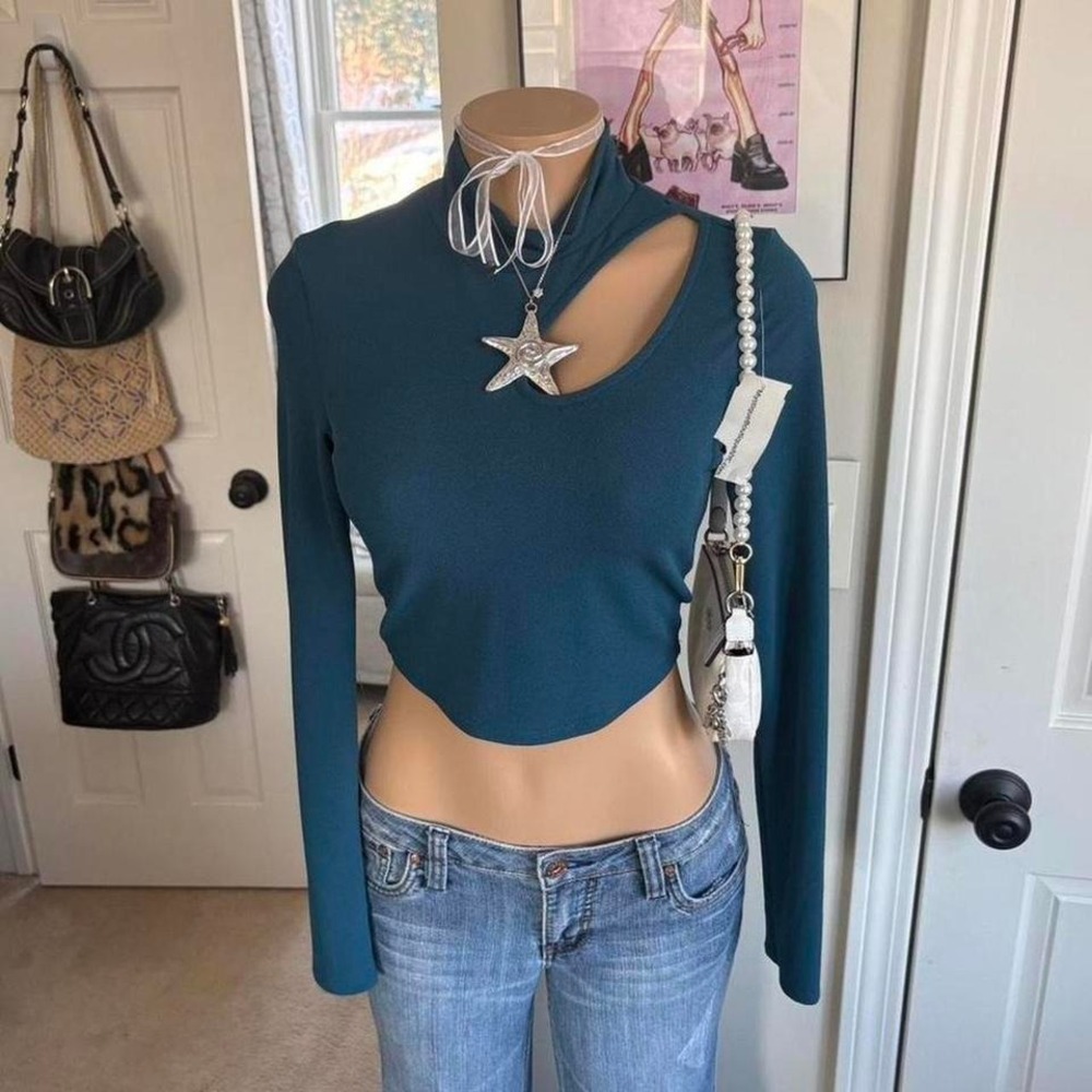 Y2k 2000s fairy Teal Asymmetrical Cutout Long Sleeve